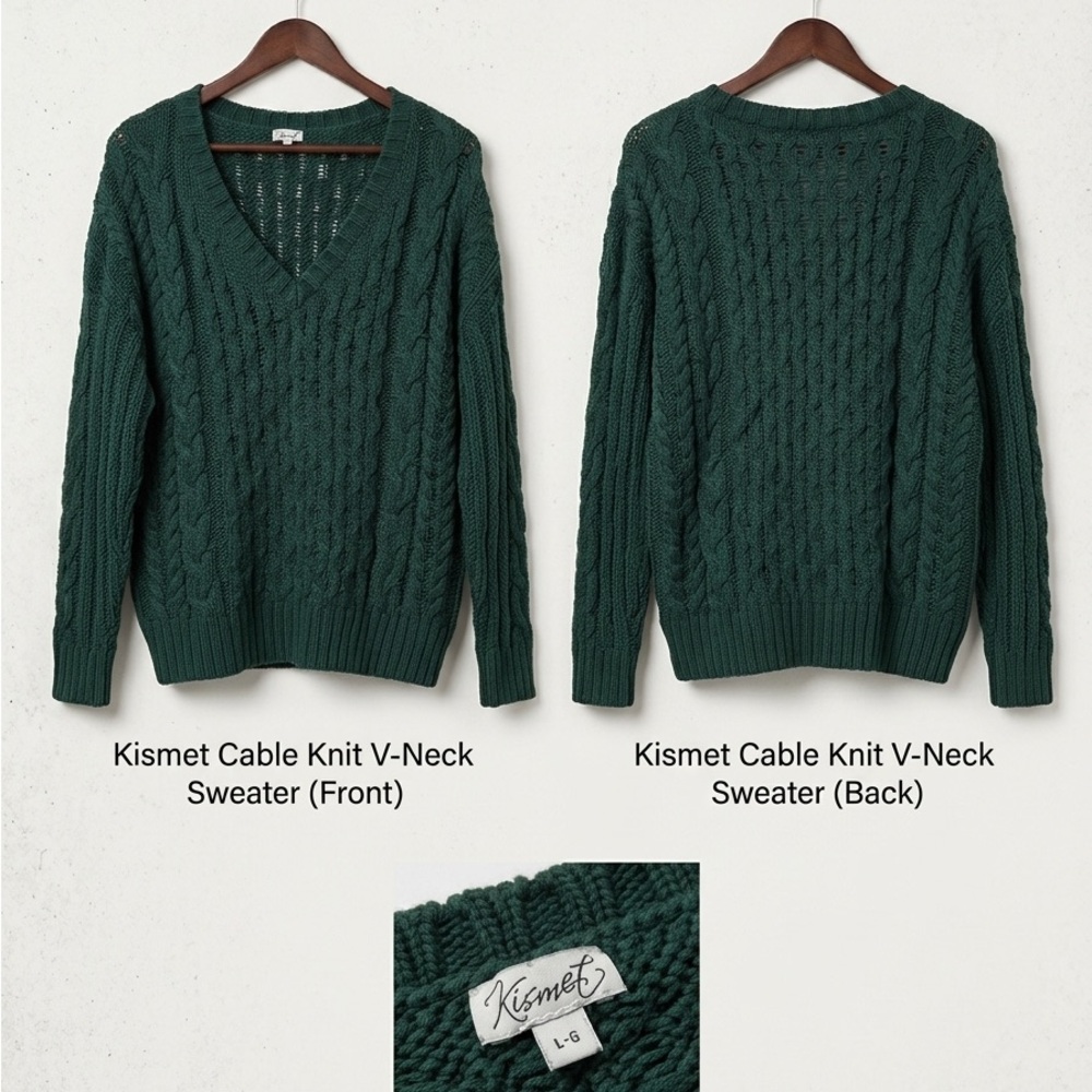 Kismet Forest Green Cable Knit V-Neck Sweater